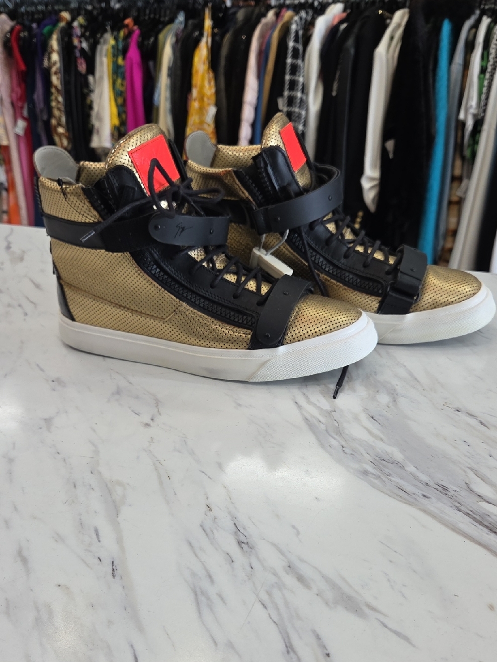 Giuseppe Zanotti Metallic Gold and Black High-Top Sneakers with Red Accent